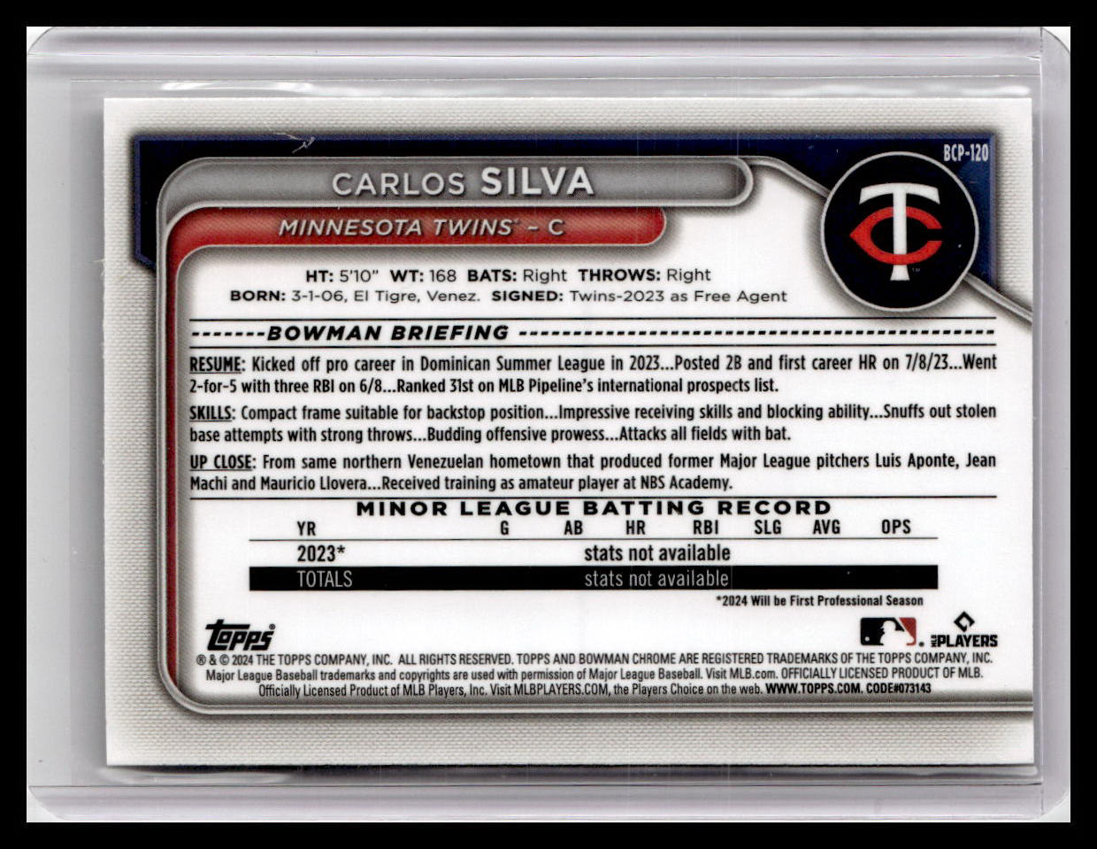 2024 Bowman #BCP-120 Carlos Silva Chrome Prospects 1st Bowman