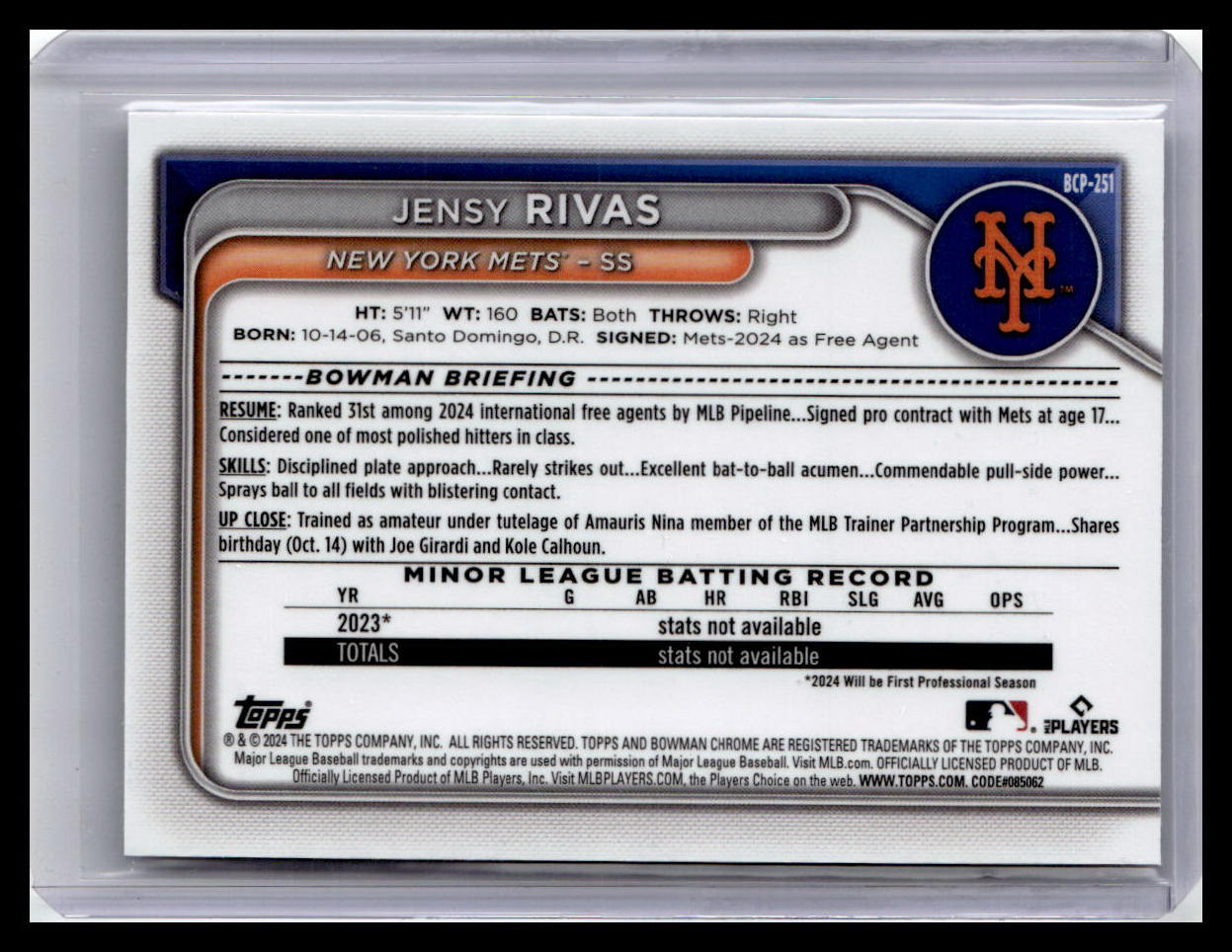 2024 Bowman Chrome #BCP-251 Jensy Rivas Prospects 1st Bowman