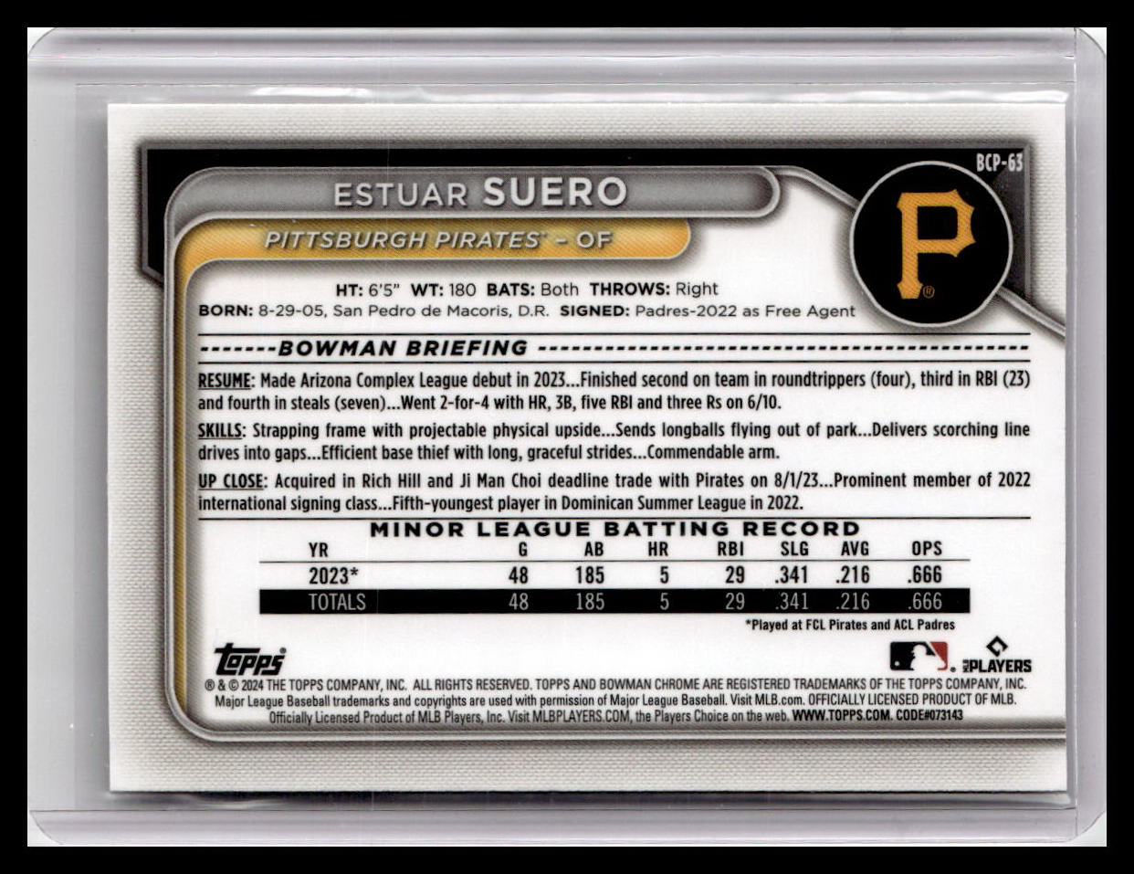 2024 Bowman #BCP-63 Estuar Suero Chrome Prospects 1st Bowman