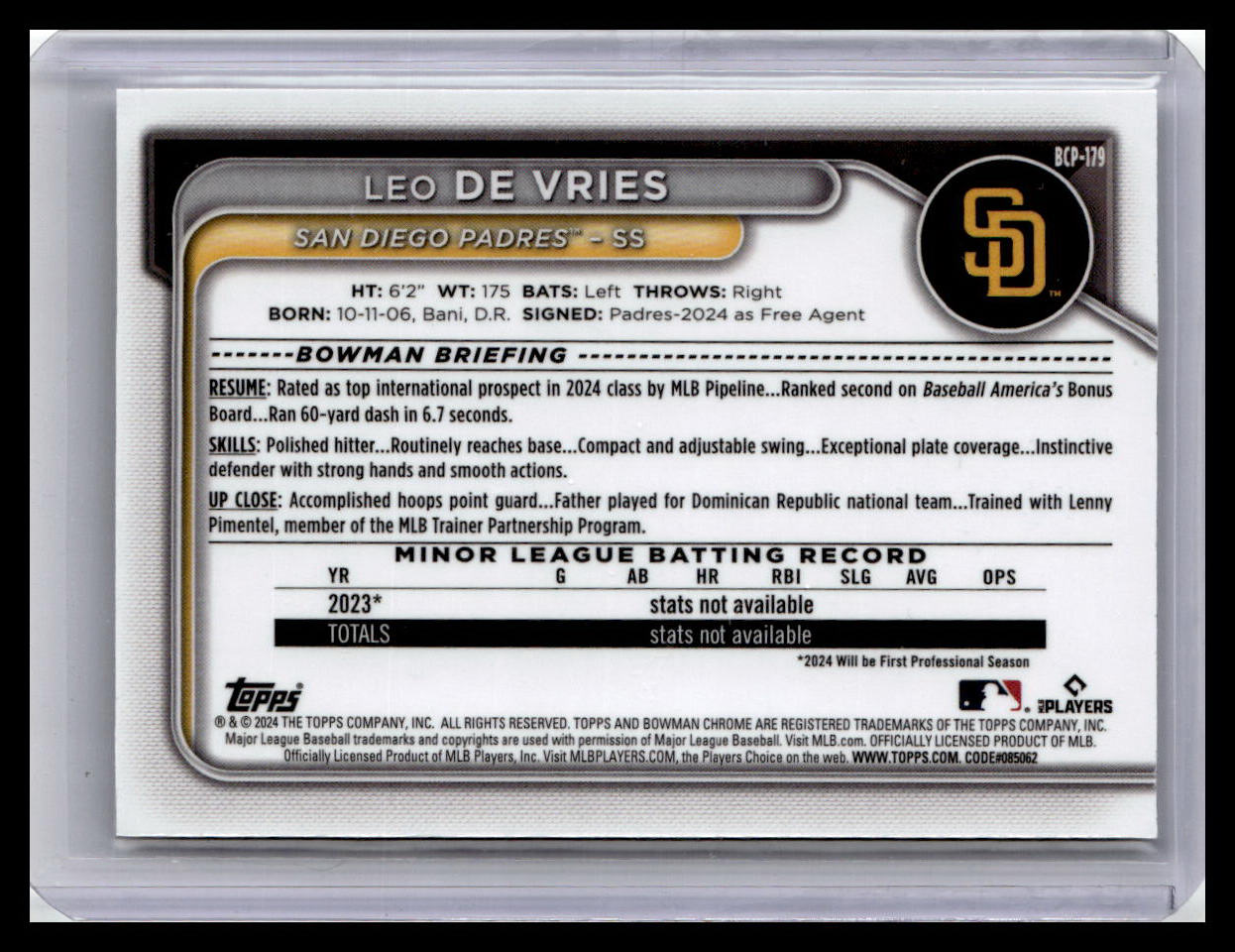 2024 Bowman Chrome #BCP-179 Leo De Vries Prospects 1st Bowman