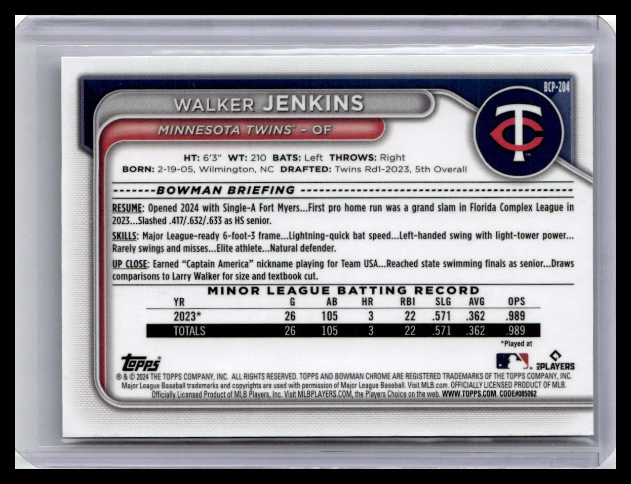 2024 Bowman Chrome #BCP-204 Walker Jenkins Prospects
