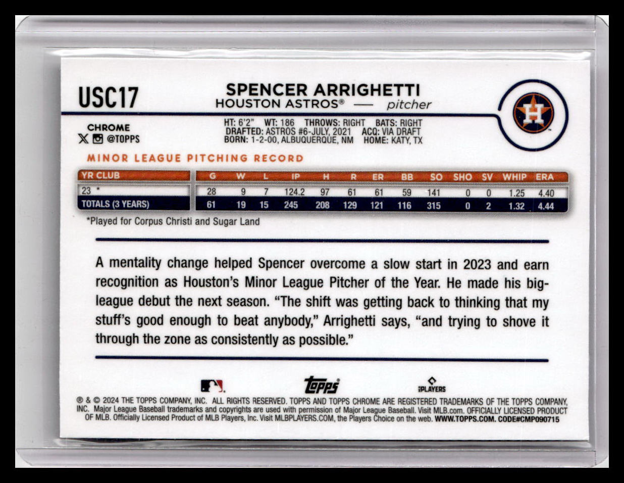 2024 Topps Chrome Update #USC17 Spencer Arrighetti