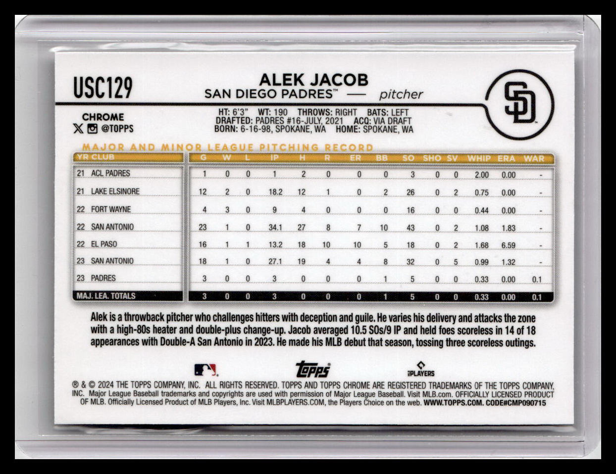 2024 Topps Chrome Update #USC129 Alek Jacob
