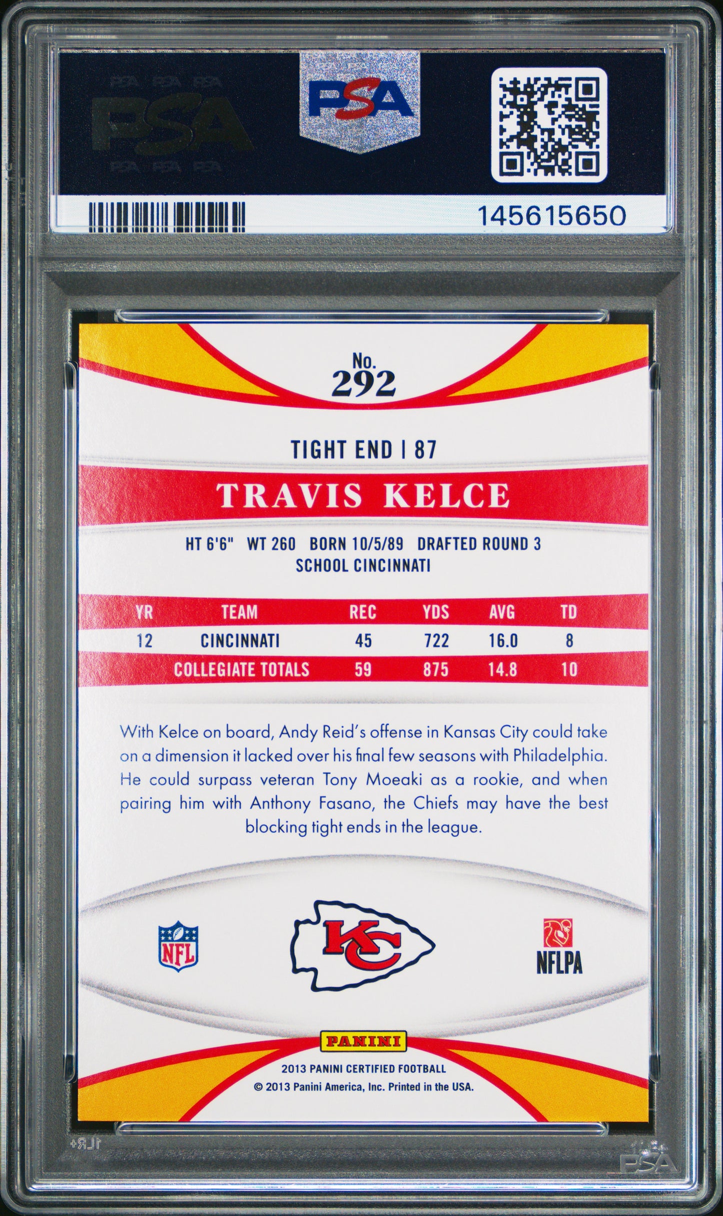 2013 Panini Certified #292 Travis Kelce (RC) 681/999 PSA 9