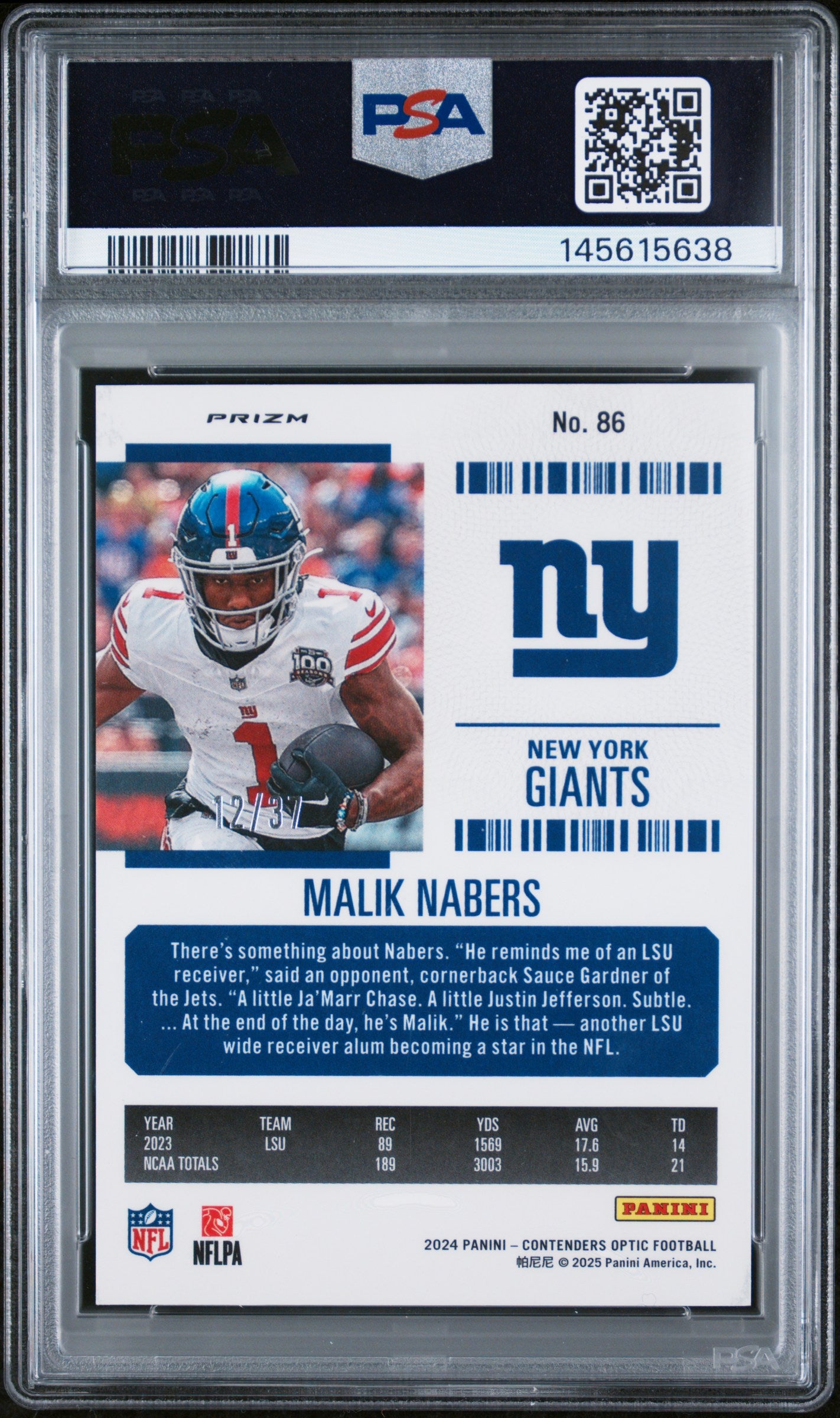 2024 Panini Contenders Optic #86 Malik Nabers (RC) Purple Pulsar 12/37 PSA 9