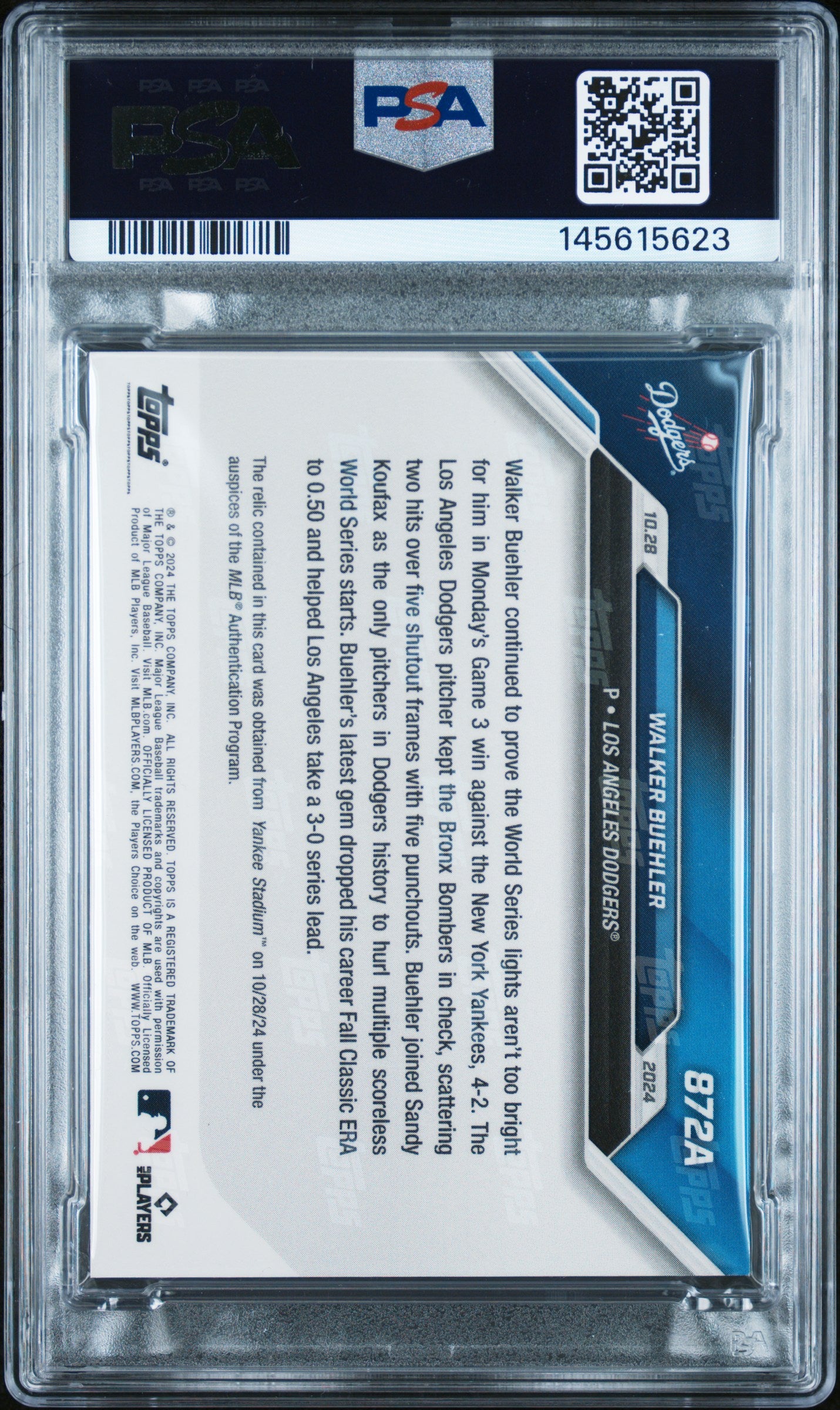 2024 Topps Now #872A Walker Buehler Game-Used Ball Relic 7/25 PSA 9