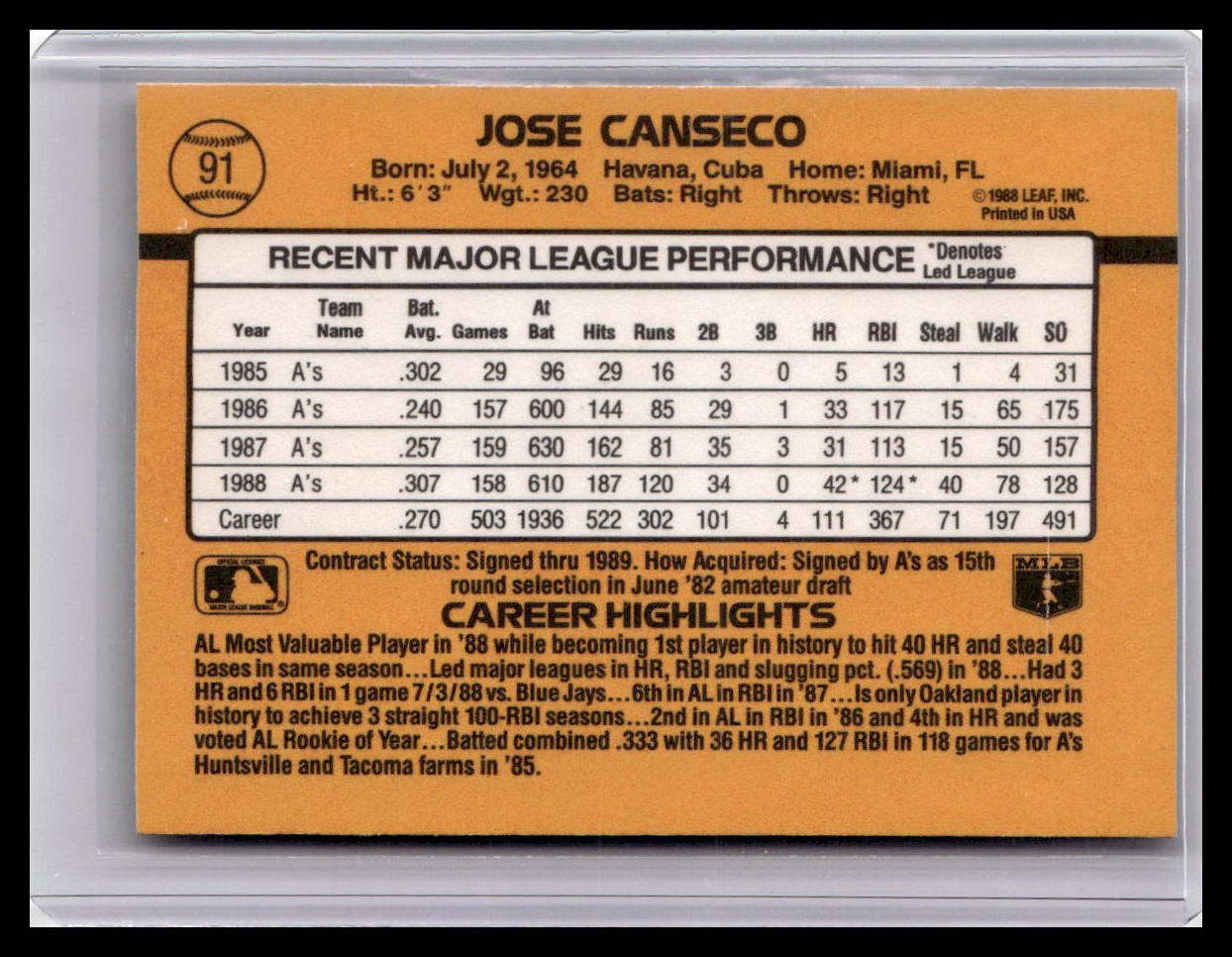 1989 Donruss Jose Canseco #91