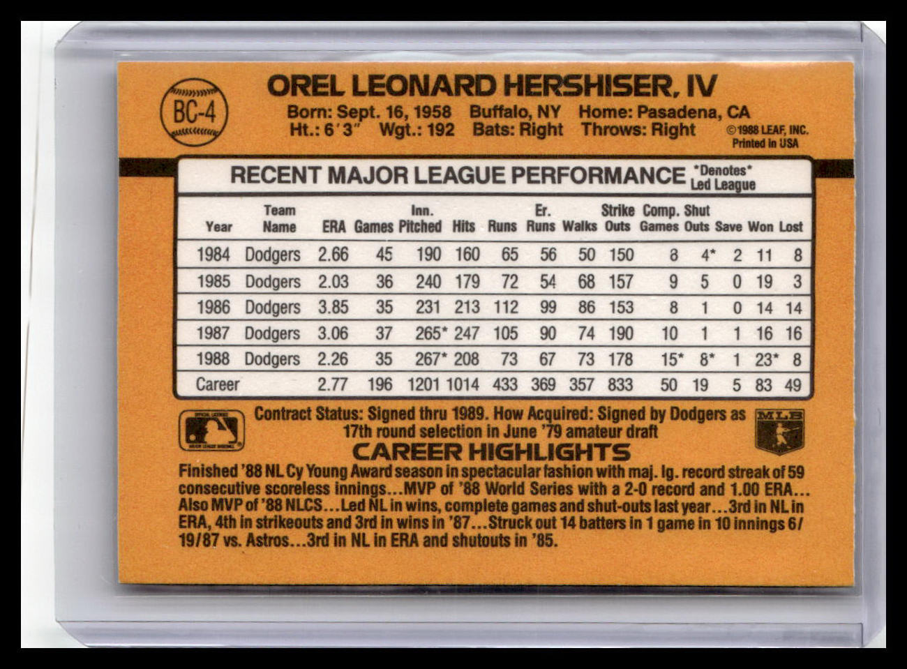 1989 Donruss Orel Hershiser MVP #BC-4