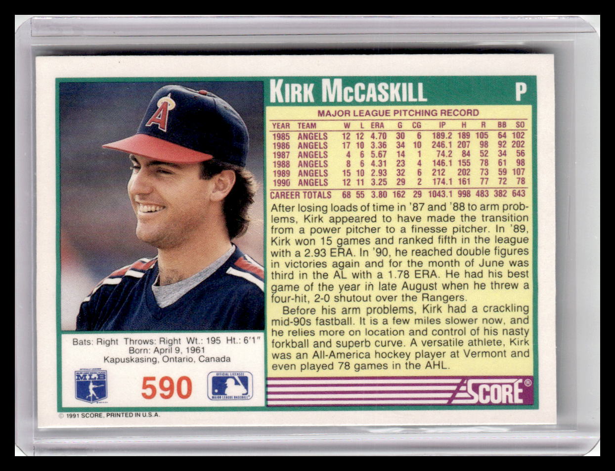 Baseball trading card of Kirk McCaskill with player information and statistics.
