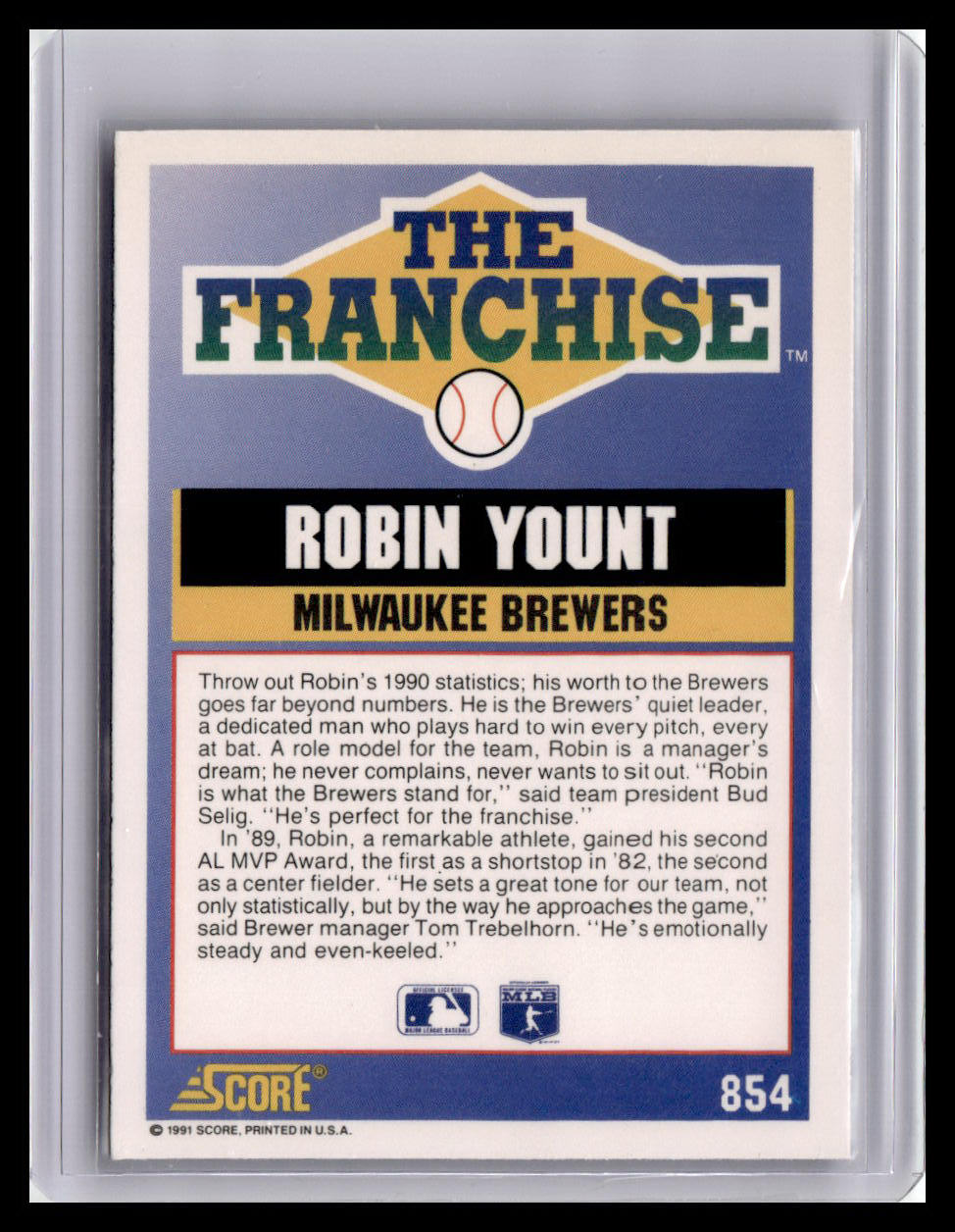 Baseball trading card featuring Robin Yount of the Milwaukee Brewers, framed by a metallic border.