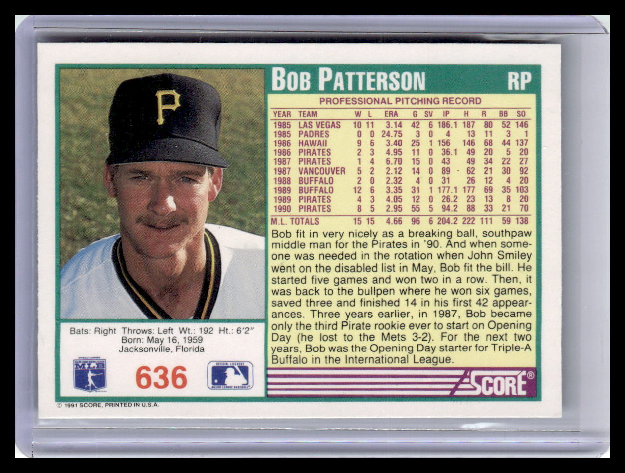 Baseball trading card of Bob Patterson with player information and statistics.