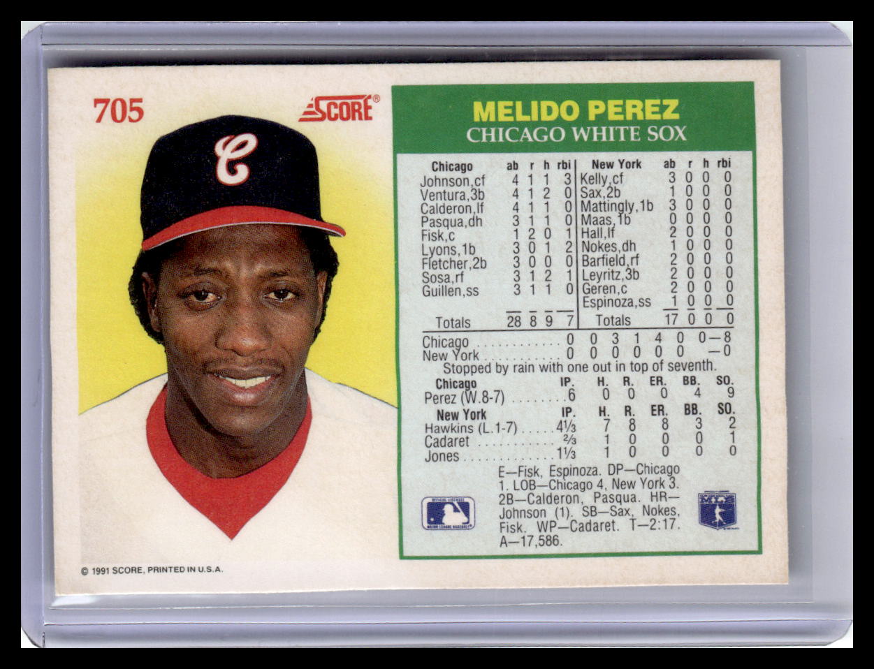 Baseball trading card of Melido Perez from the Chicago White Sox with player statistics on a yellow background.