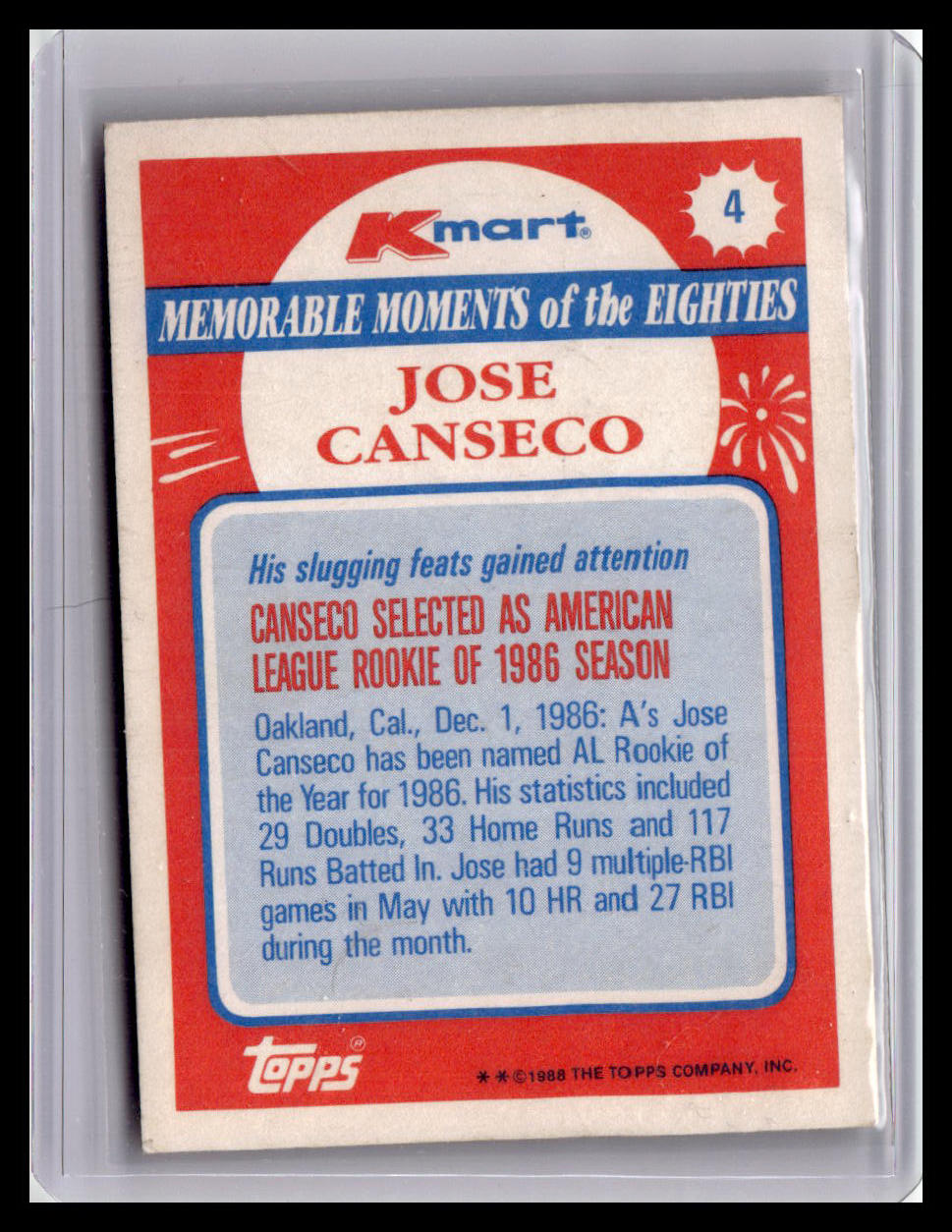 Vintage Topps trading card featuring Jose Canseco with Kmart branding