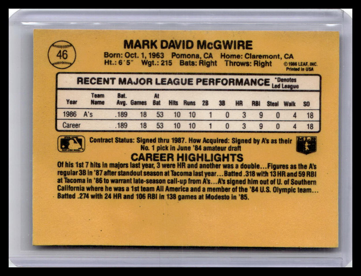 1987 Donruss Mark McGwire Rated Rookie #46