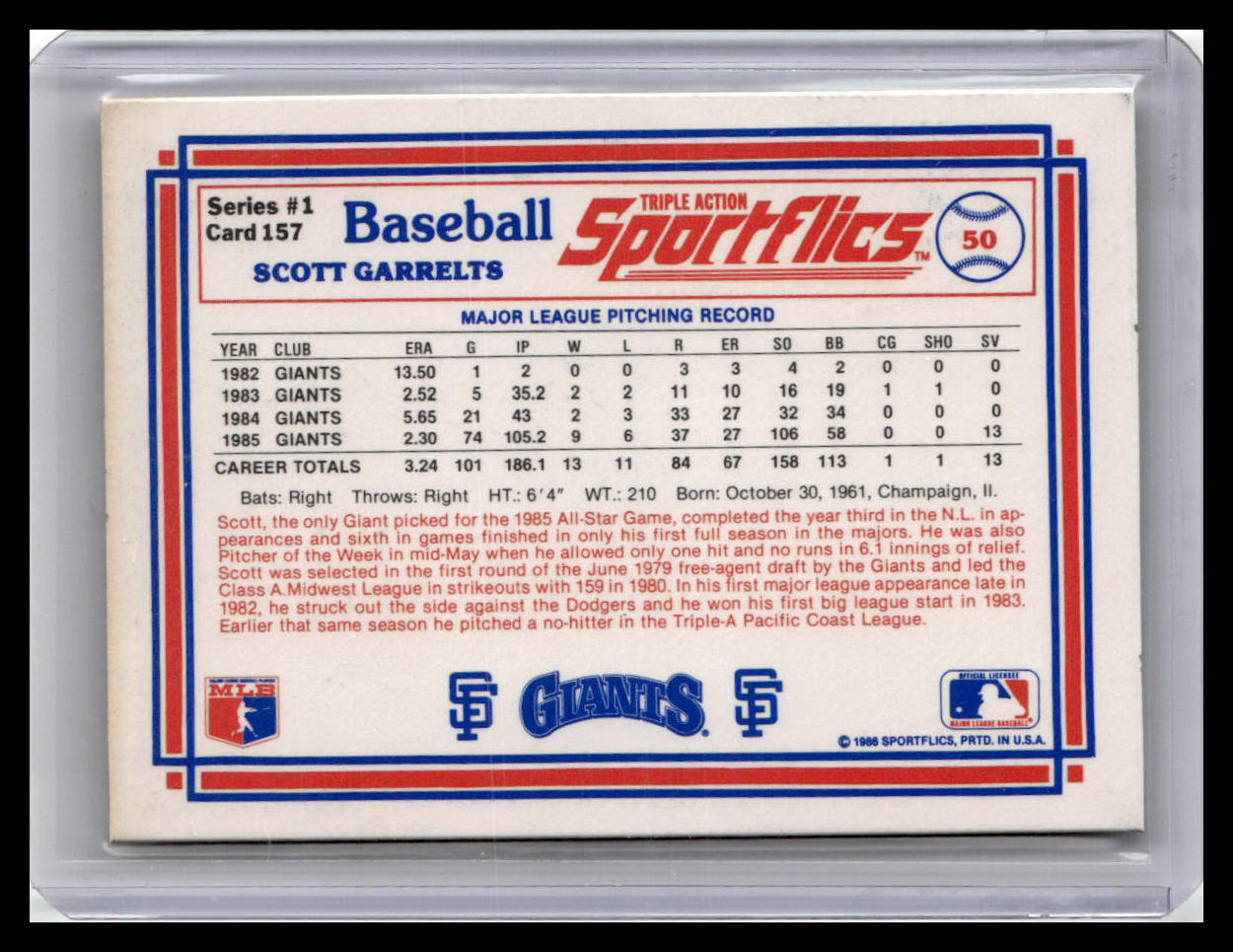 Baseball trading card featuring Scott Garrels' statistics and career details on a clear background