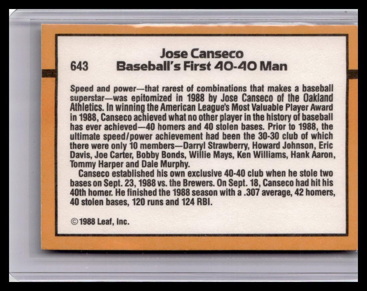 Baseball card featuring Jose Canseco's achievements with text details