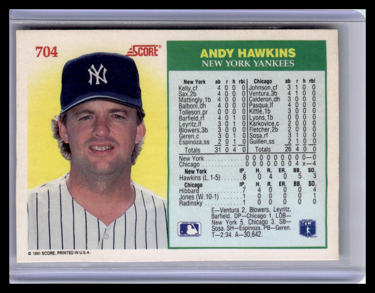 Baseball trading card of Andy Hawkins from the New York Yankees with player statistics on the back.