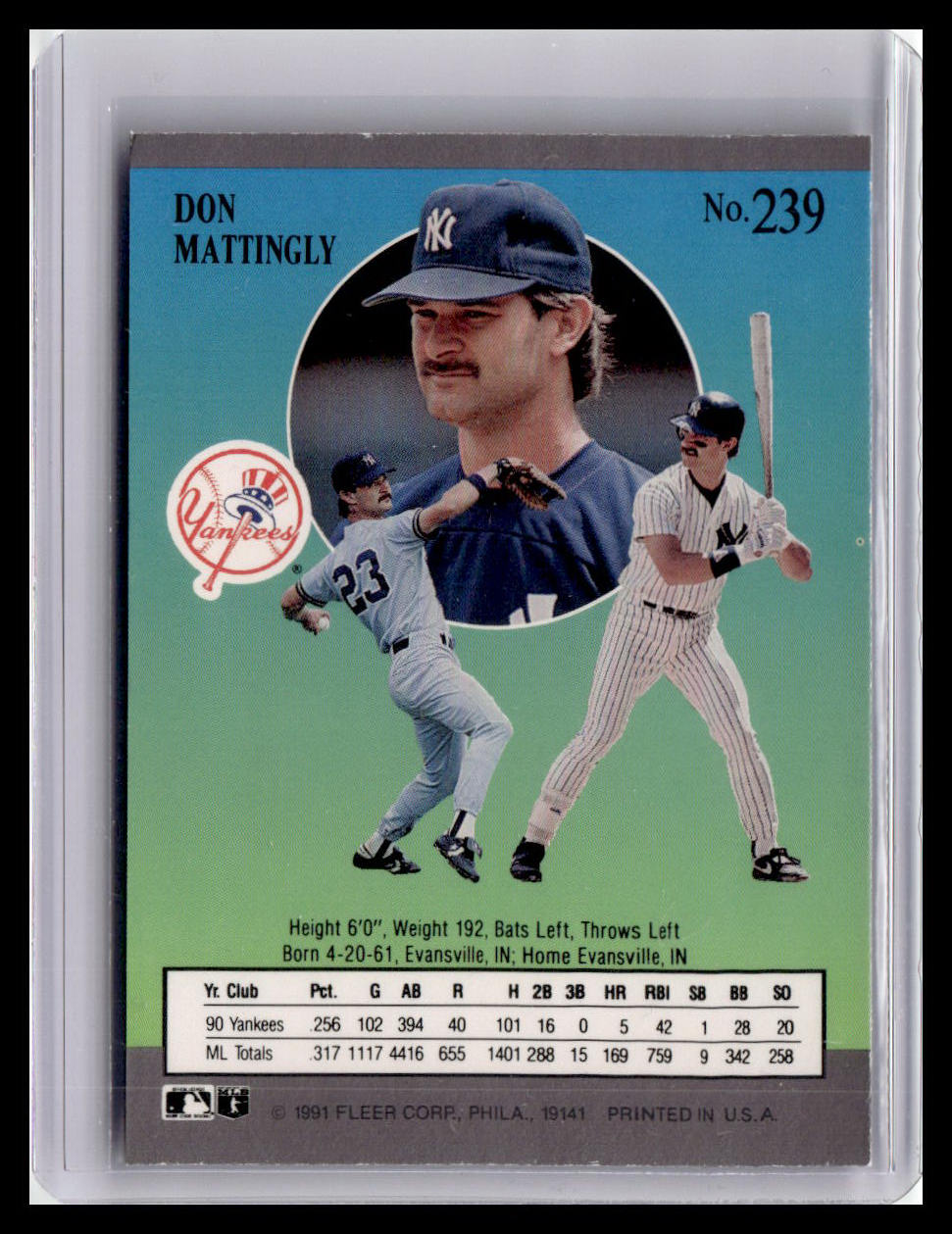 Baseball trading card featuring Don Mattingly with a blue background