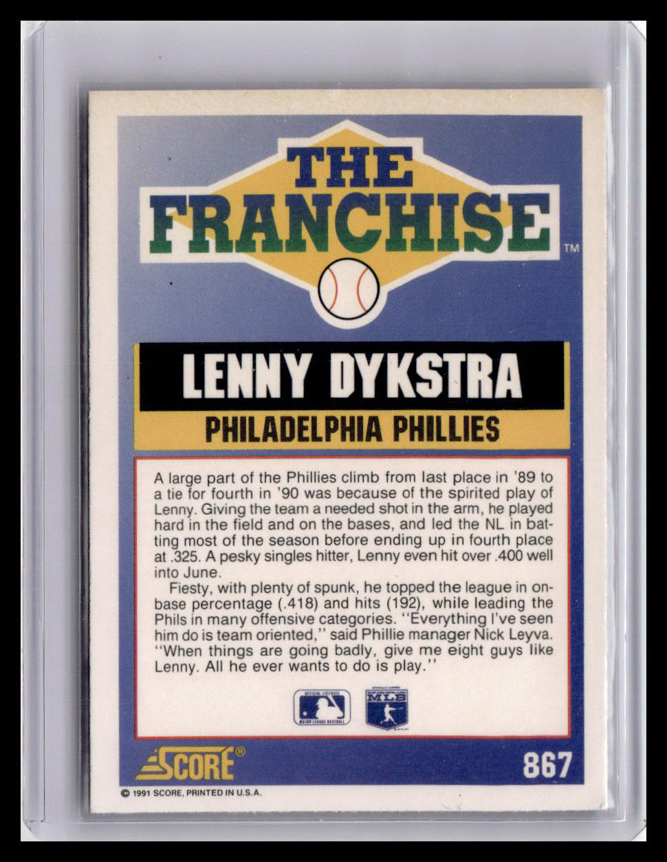 1991 Score Lenny Dykstra The Franchise #867
