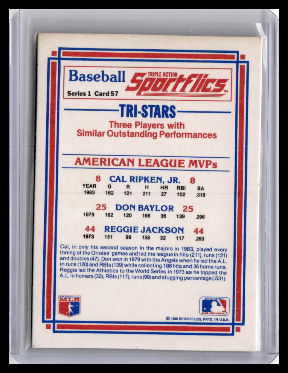 1986 Sportflics Tri-Stars Cal Ripken Jr./Don Baylor/Reggie Jackson #57
