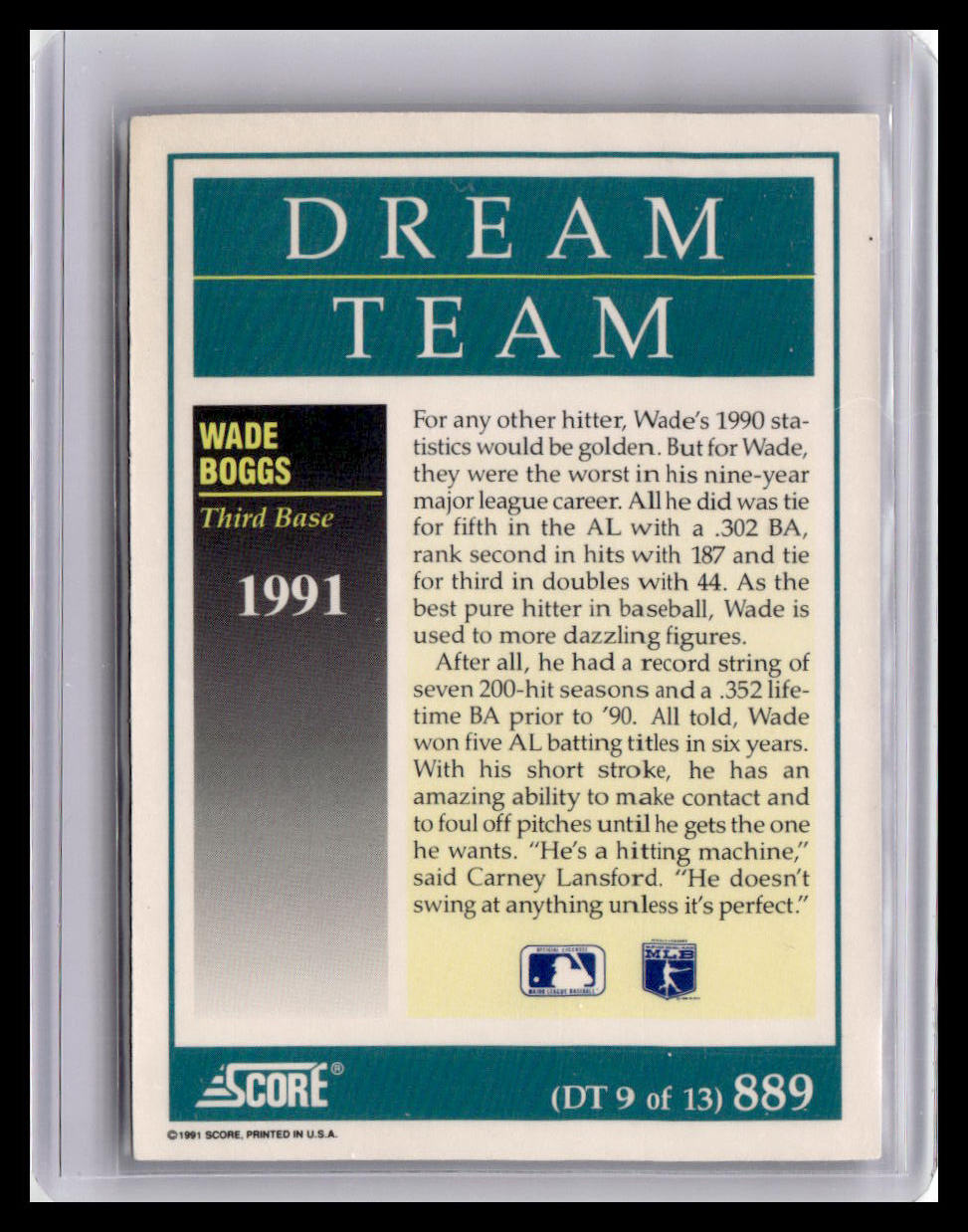 1991 Score Wade Boggs Dream Team #889 (DT 9 of 13)