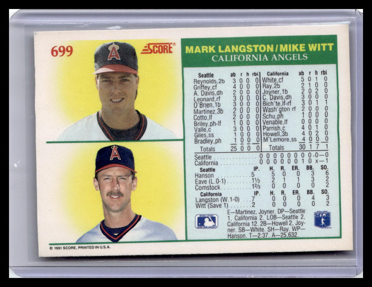 Baseball trading card featuring Mark Langston and Mike Witt of the California Angels with player statistics.