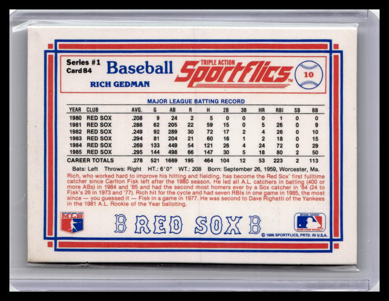 1986 Sportflics Rich Gedman #84 Boston Red Sox