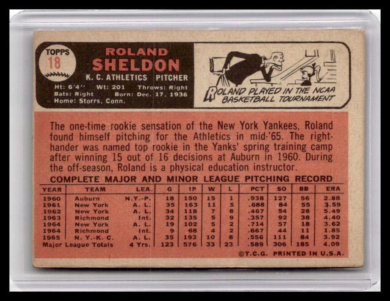 Vintage baseball card featuring Roland Sheldon with player information and statistics.