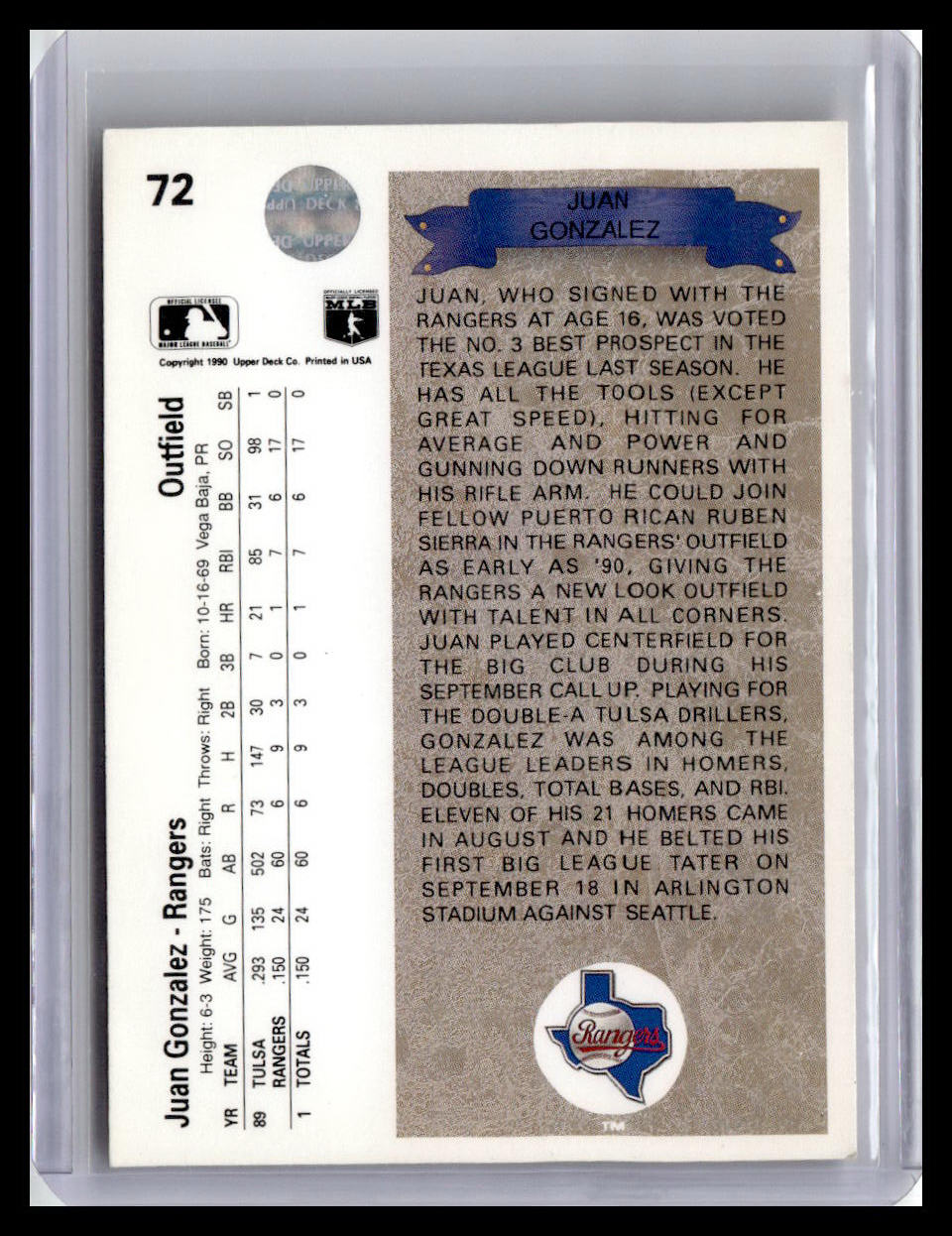 1990 Upper Deck Juan Gonzalez RC #72