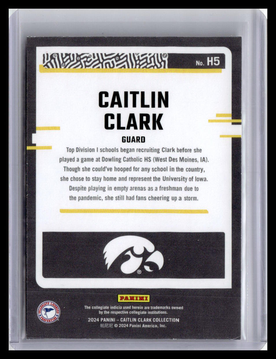 Trading card of Caitlin Clark with text and branding on a black background