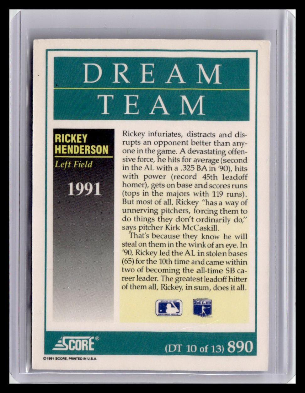 1991 Score Rickey Henderson Dream Team #890 (DT 10 of 13)