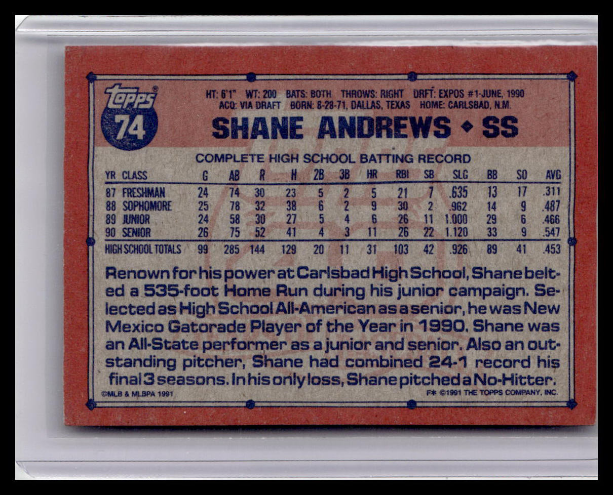 1991 Topps Shane Andrews #1 Draft Pick #74