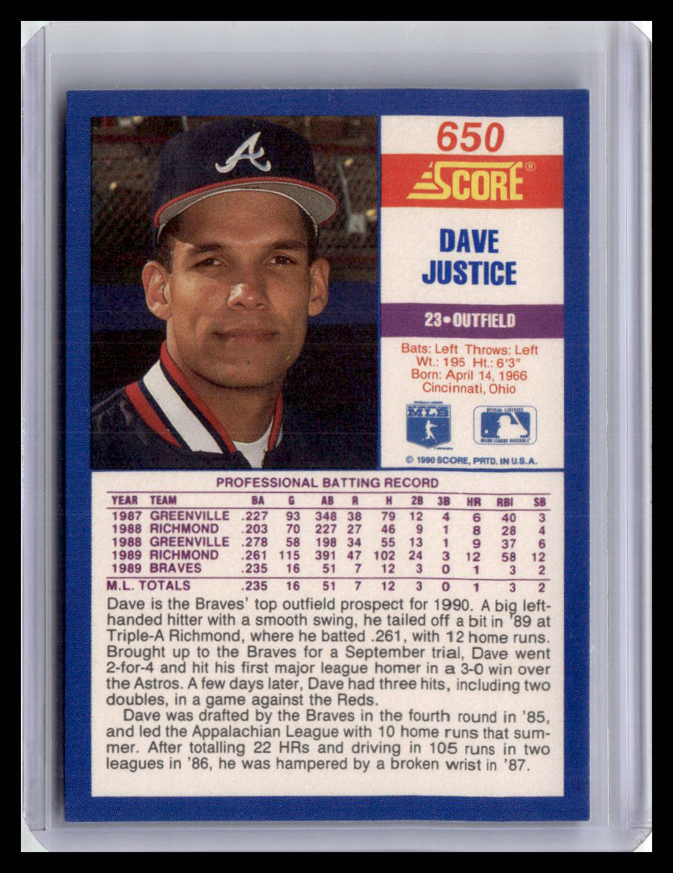 1990 Score David Justice - 1990 Rookie #650