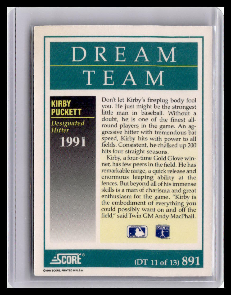 Baseball trading card featuring Kirby Puckett of the Dream Team with text and logos.