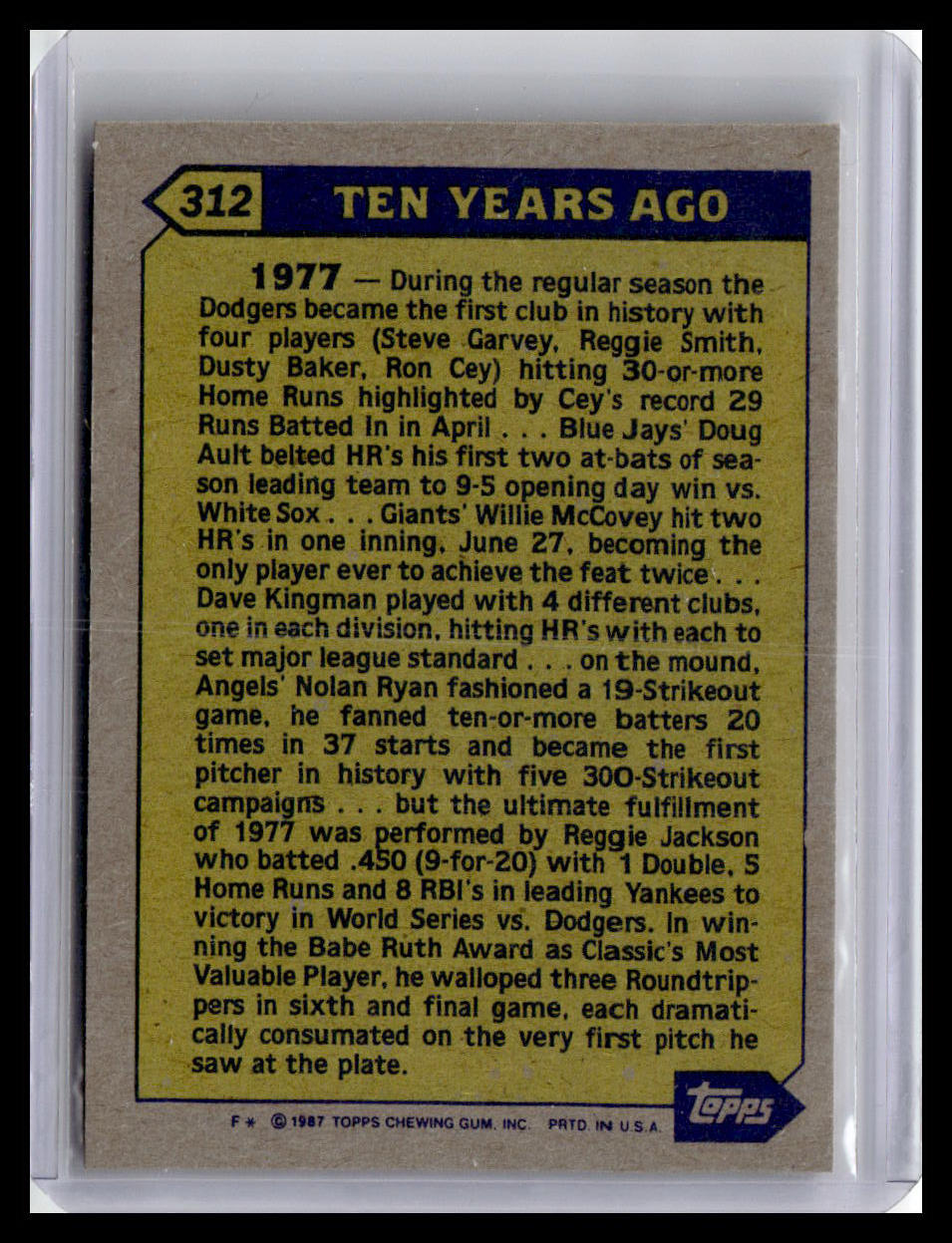 1987 Topps Reggie Jackson Turn Back The Clock #312