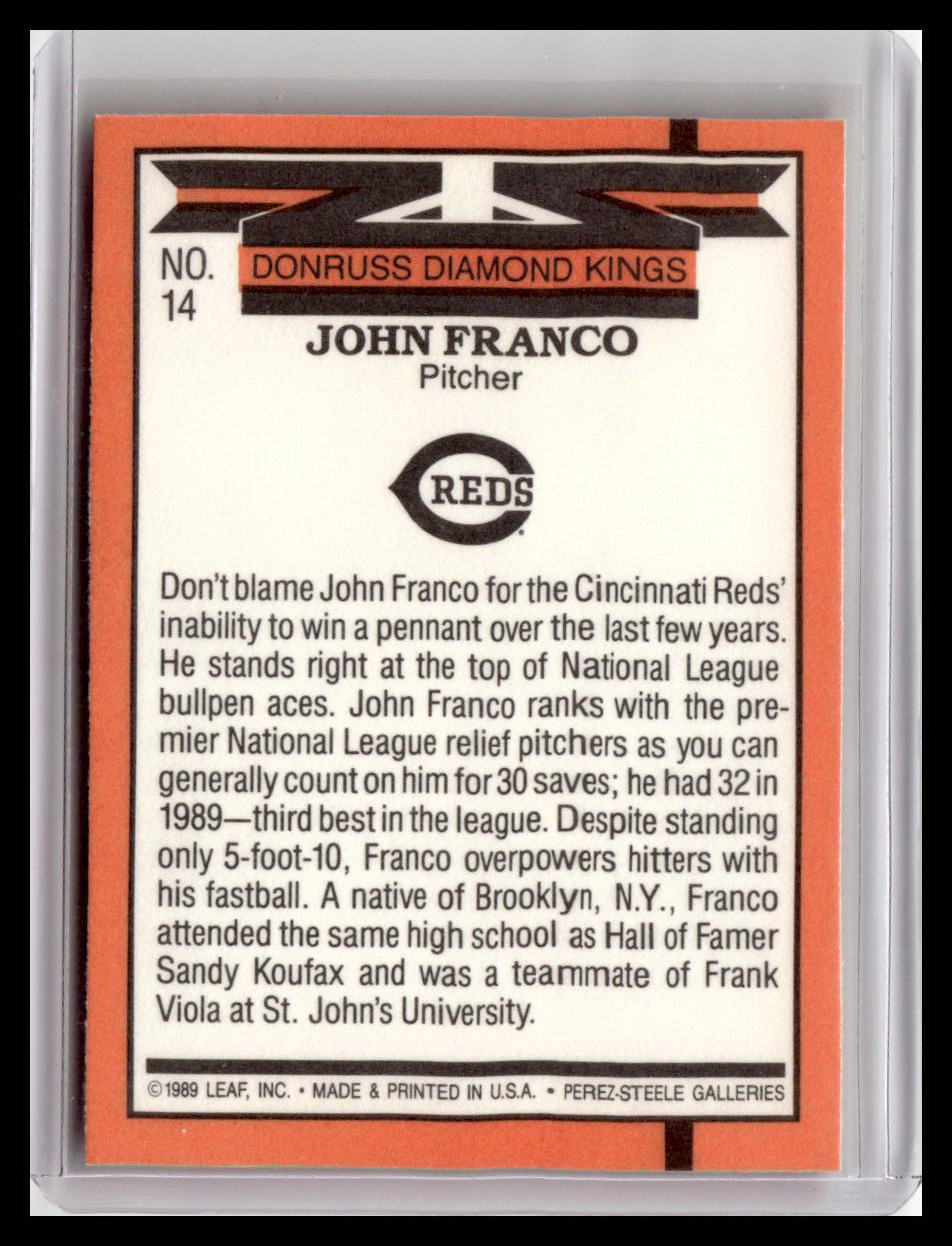 Baseball card featuring John Franco of the Cincinnati Reds with text and logo