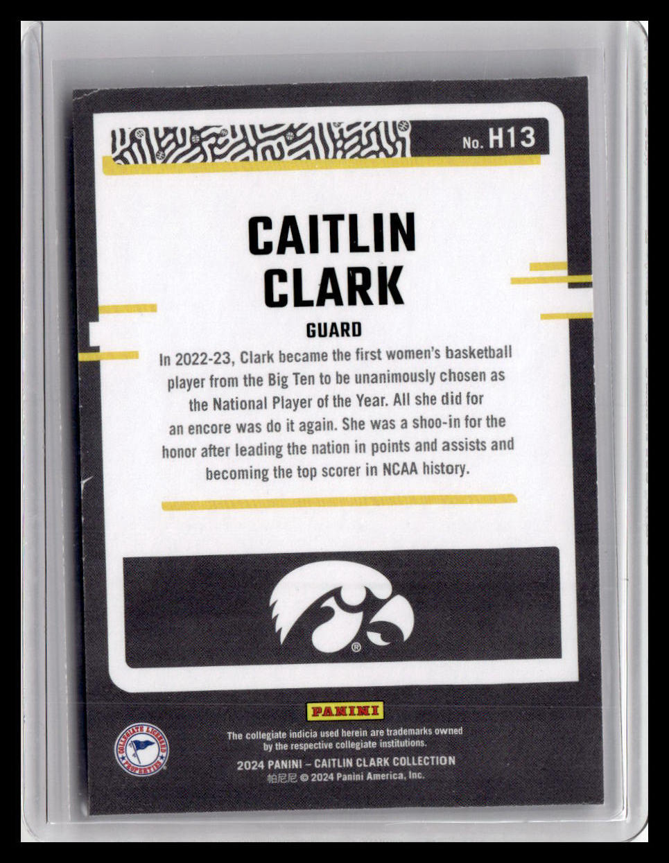 Trading card of Caitlin Clark with Iowa Hawkeyes logo and Panini branding