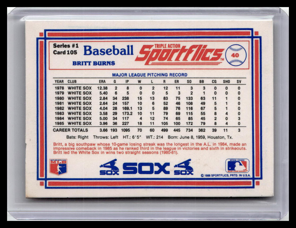 Baseball trading card featuring Britt Burns with statistics and team logos.