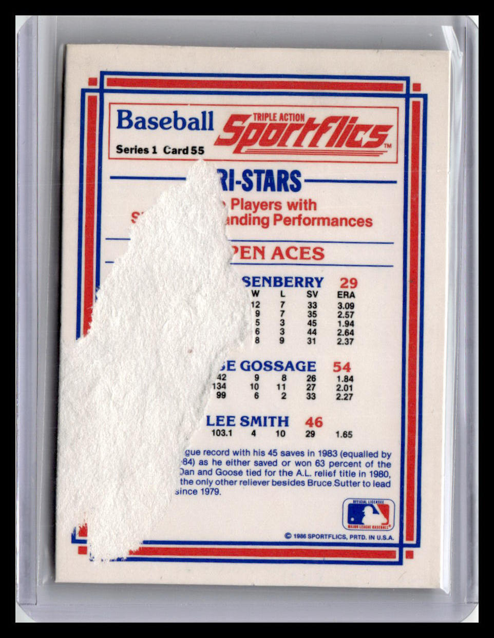 1986 Sportflics Tri-Stars Quisenberry/Gossage/Smith #55 (Wax Rip on Back)
