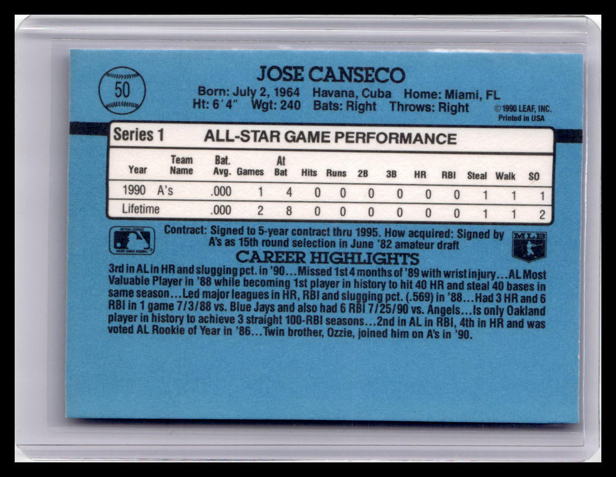 Baseball trading card featuring Jose Canseco with player information and statistics.