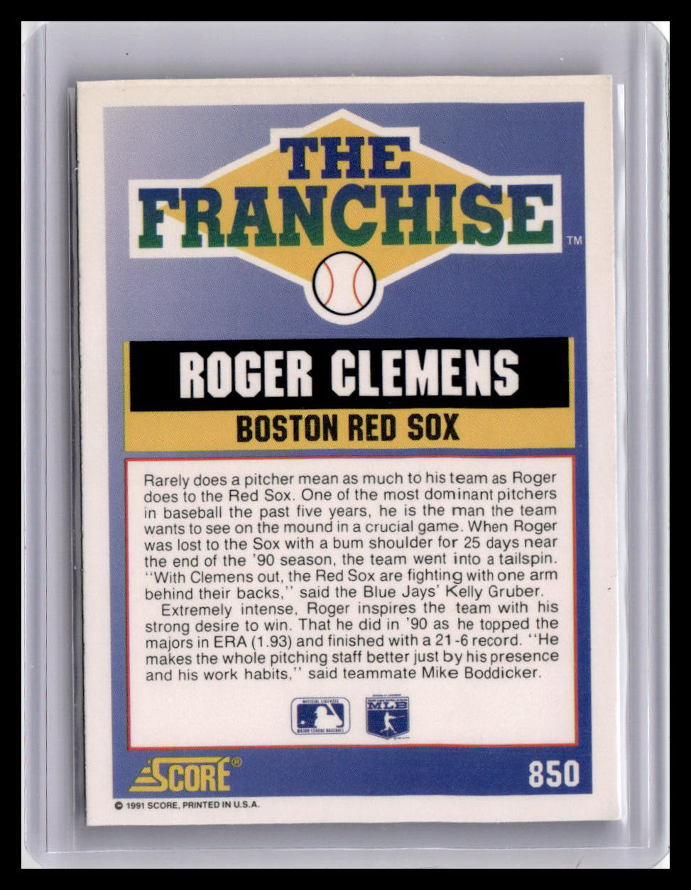 1991 Score Roger Clemens The Franchise #850