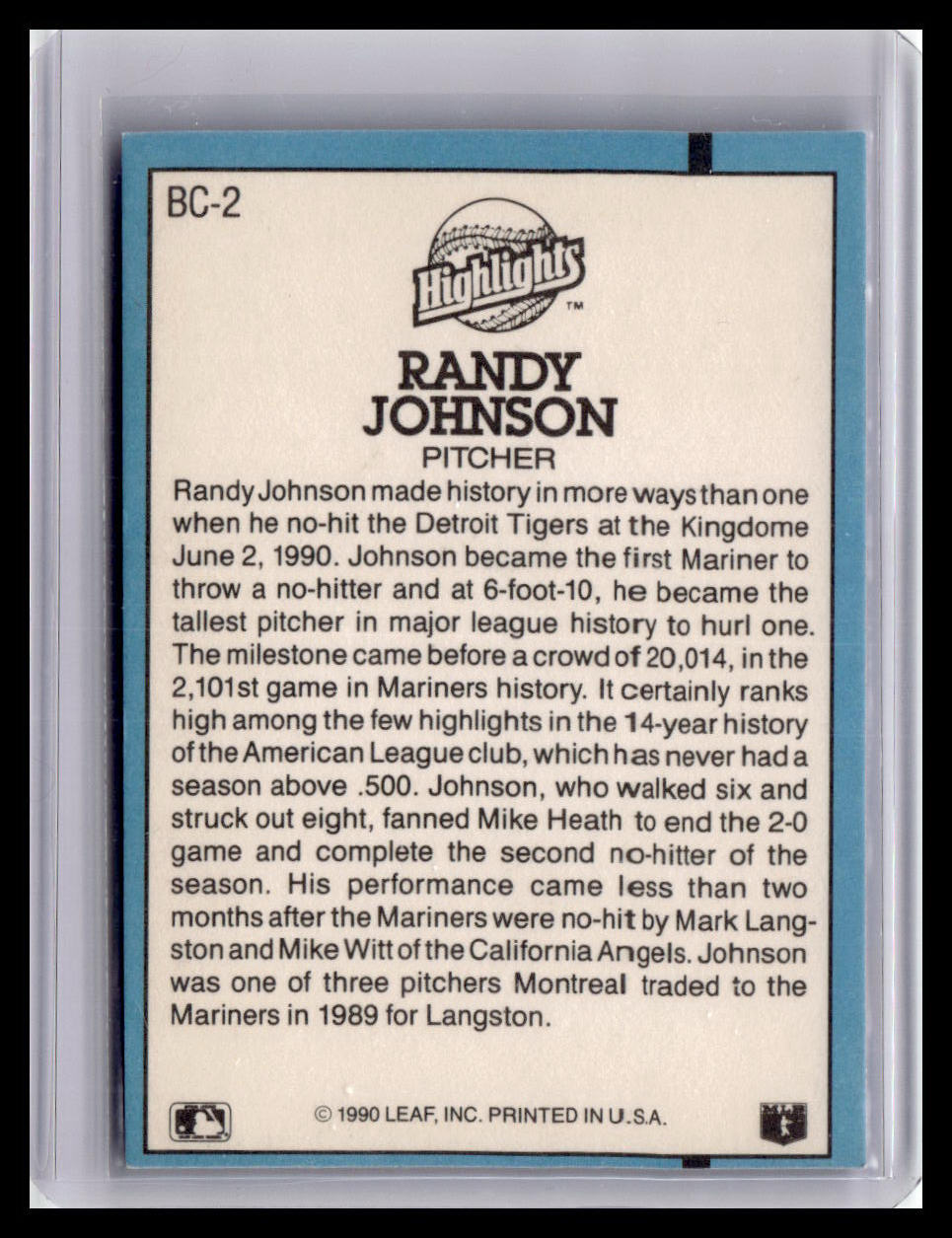 1991 Donruss Randy Johnson Highlights #BC-2