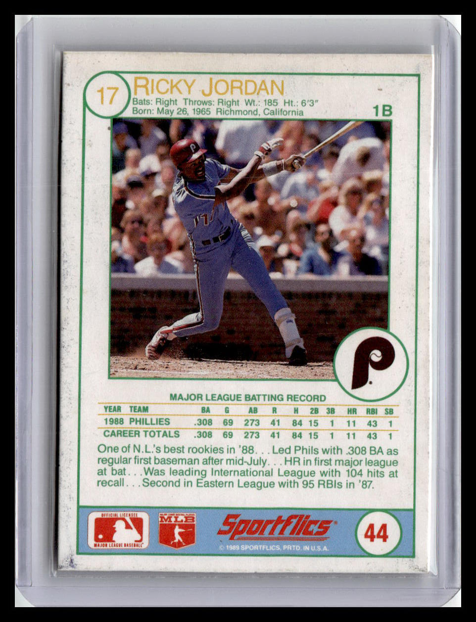 1989 Sportflics Ricky Jordan #44 Philadelphia Phillies