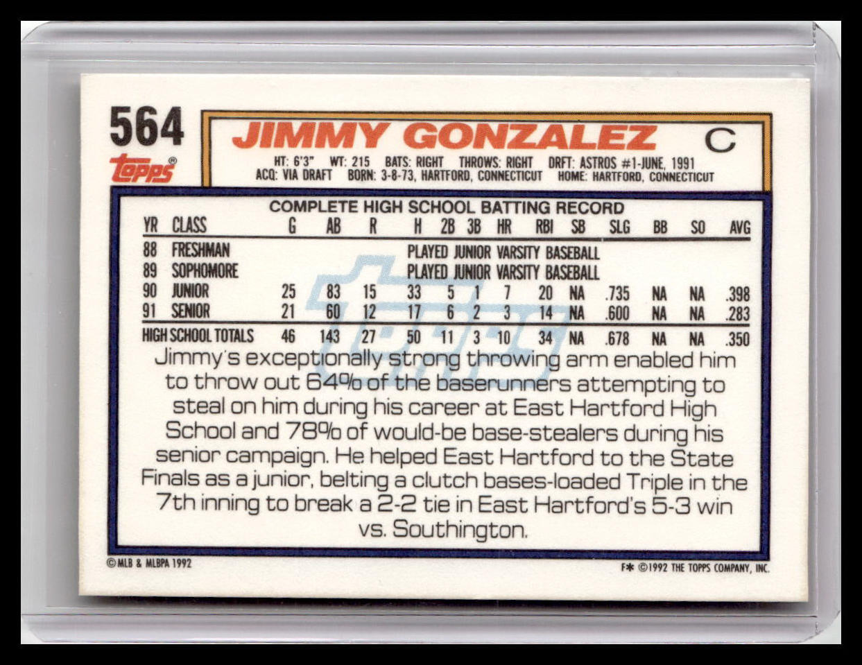 1992 Topps Jimmy Gonzalez Draft Pick #564