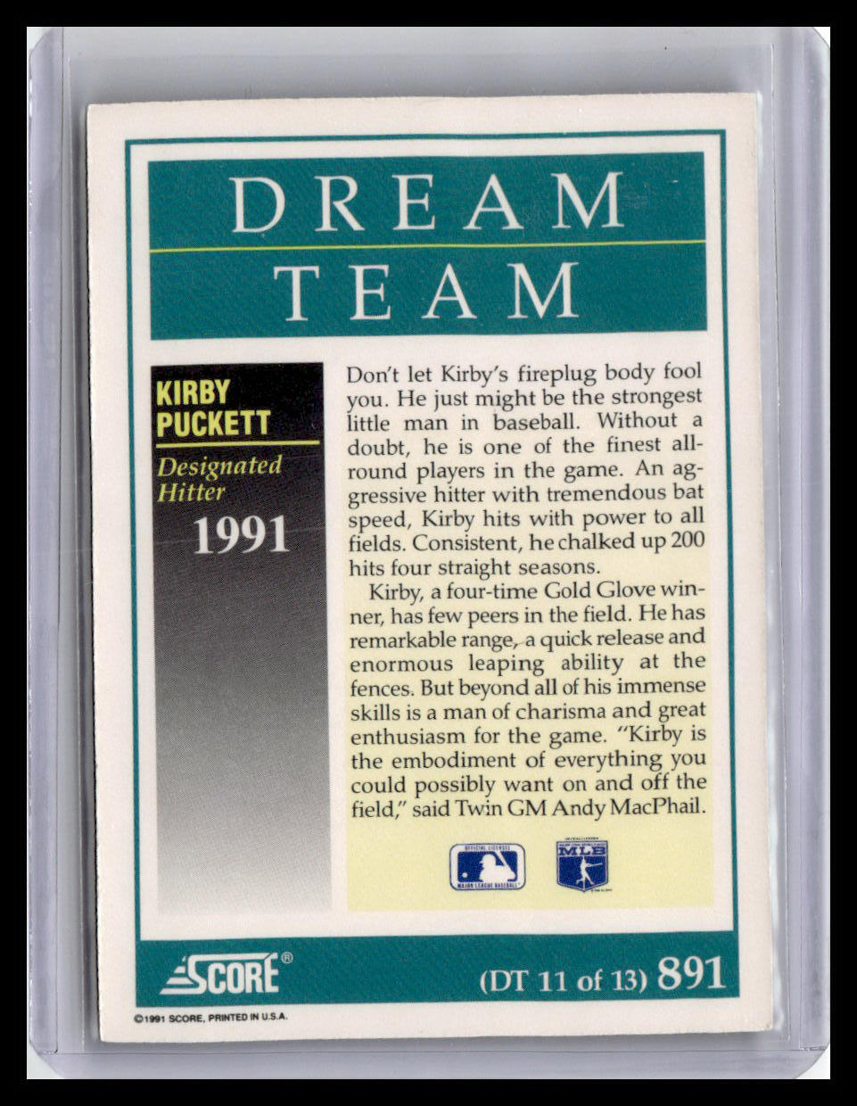 1991 Score Kirby Puckett Dream Team #891