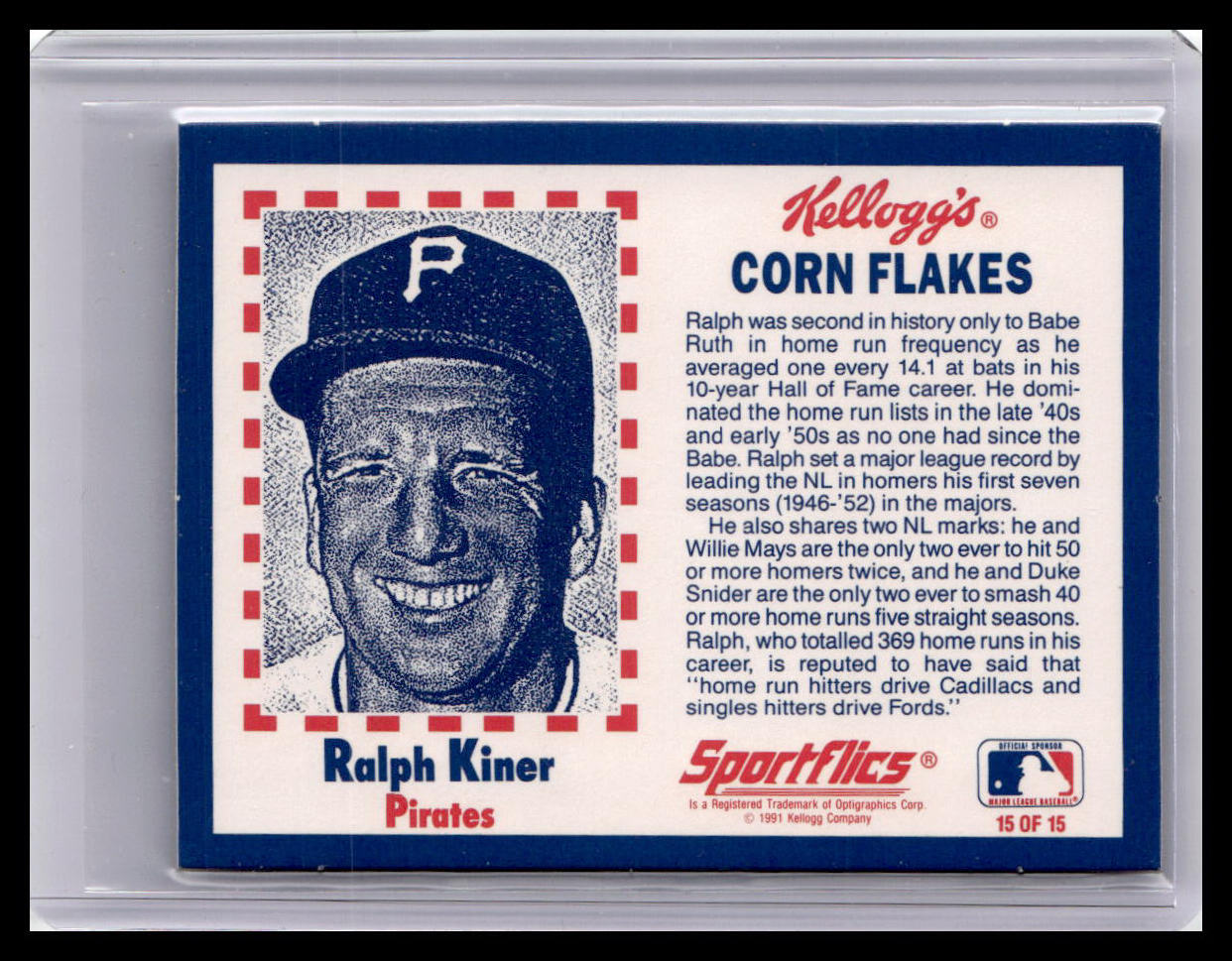 1991 Sportflics Kellogg's Corn Flakes Ralph Kiner Baseball Greats #15