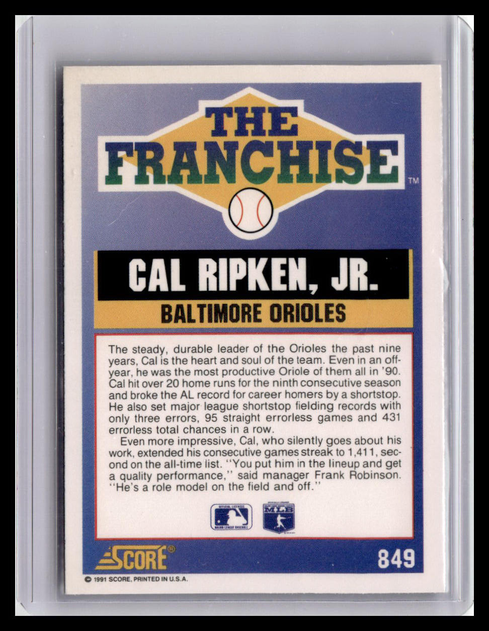1991 Score Cal Ripken Jr. The Franchise #849