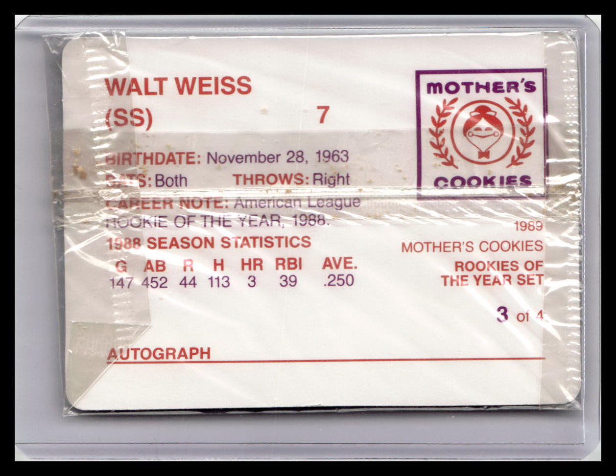 1989 Mother's Cookies Walt Weiss #3 of 4 ROY 1988