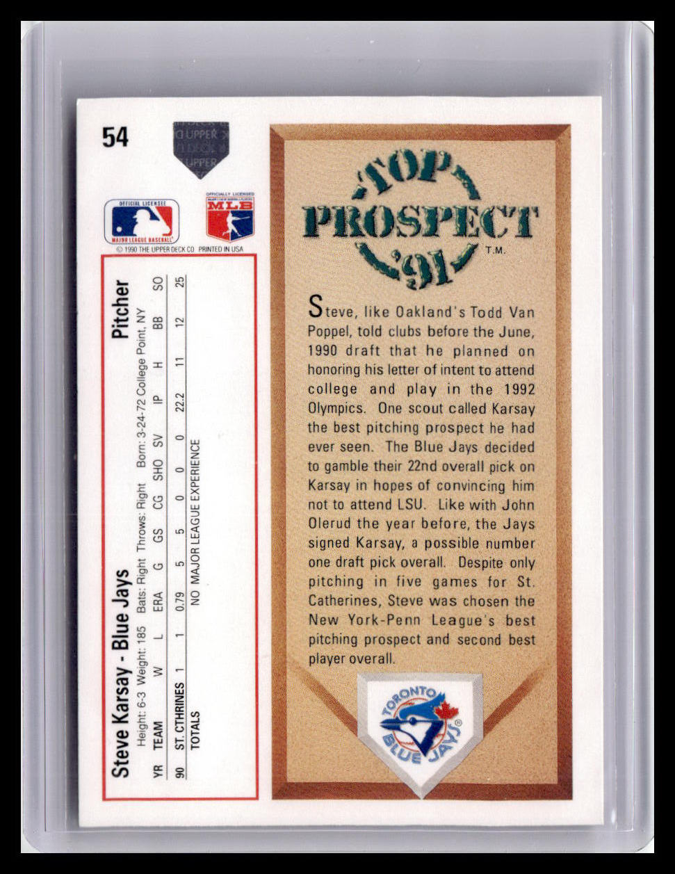 1991 Upper Deck Steve Karsay Top Prospect #54