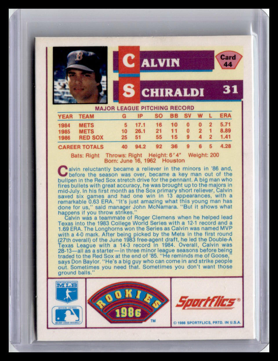 1986 Sportflics Rookies Calvin Schiraldi #31Boston Red Sox